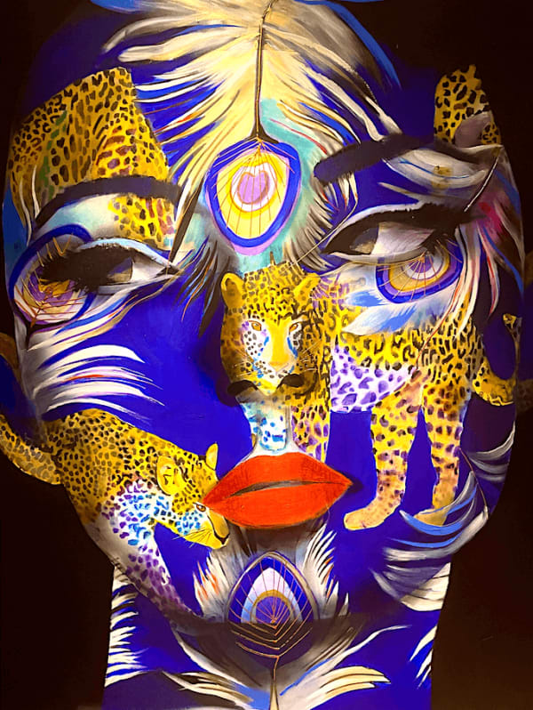 paarse luipaardpauw schilderij hedendaagse schmink blauw Frankrijk Courpotin Kunst Yi Brusselse kunstgalerij