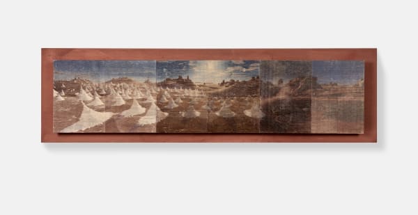 Basmah Felemban Voyage 02, 2024 Ai generated image, print transfer on plywood 53 1/2 x 15 3/8 in 39.0 x 137.00cm