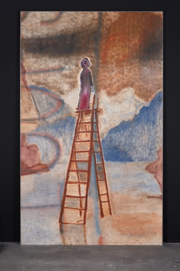 A Boy Standing On Top Of A High Unstable Ladder In A Small Lake, The Landscape Is Clear, He’s Closing His Eyes, There’s A Fire In The Distance, We Think There’s Light, But It’s Actually Dark, He’s Alone But Not Lonely, Thinking About Jumping, Feels Prote, 2024