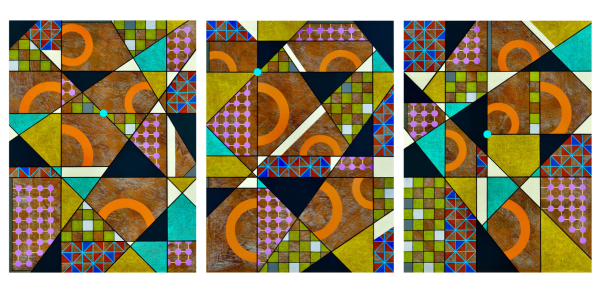 Christa Stephens FRAGMENTS (triptych) 1, 2, 3, 2022 acrylic & colored pencil on cradled panel (triptych) 19 1/2 x 25 1/2 x 2 in (each) 49.5 x 64.8 x 5.1 cm