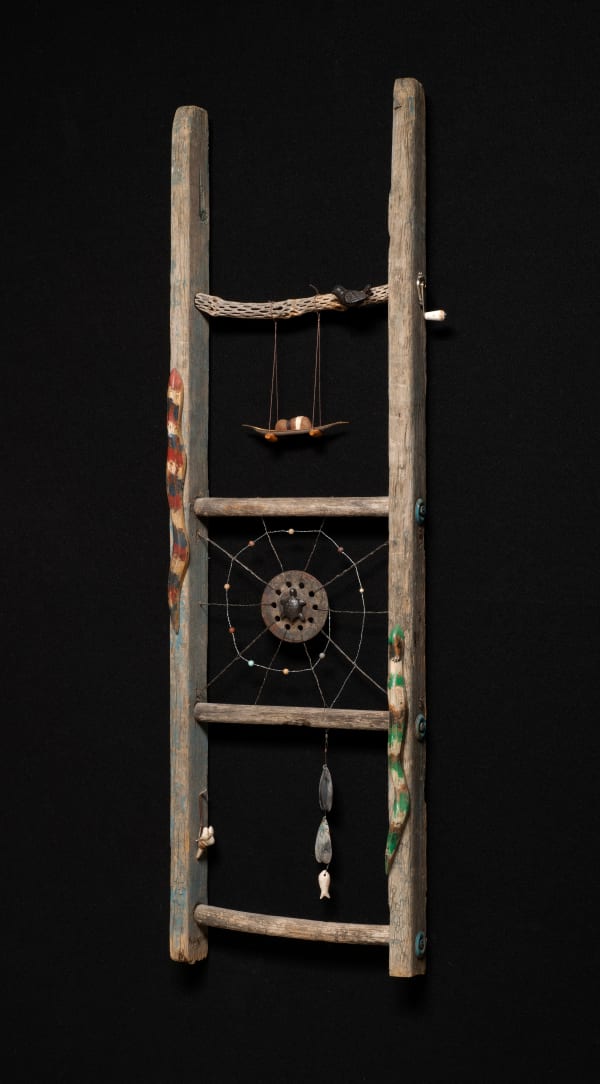 Kevin Watson Springtime in the Belly Wood, Metal, Stone Beads, Bean Pods 50” x 17” x 3 3/4”