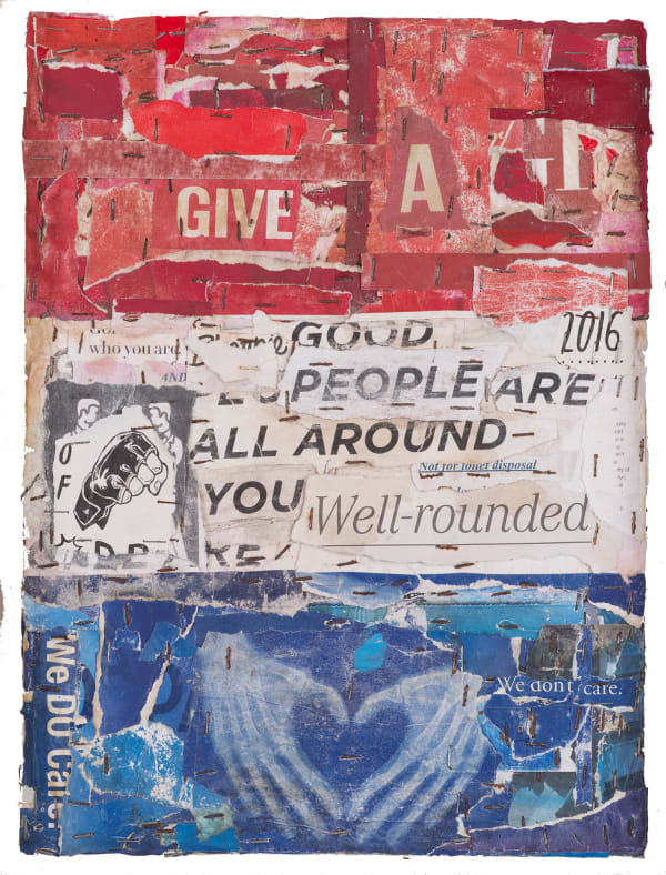 William Greiner I Really Don't Care, Do You?, 2018 Paper Collage, Staples and Paint on Wood 16 x 12 in 40.6 x 30.5 cm