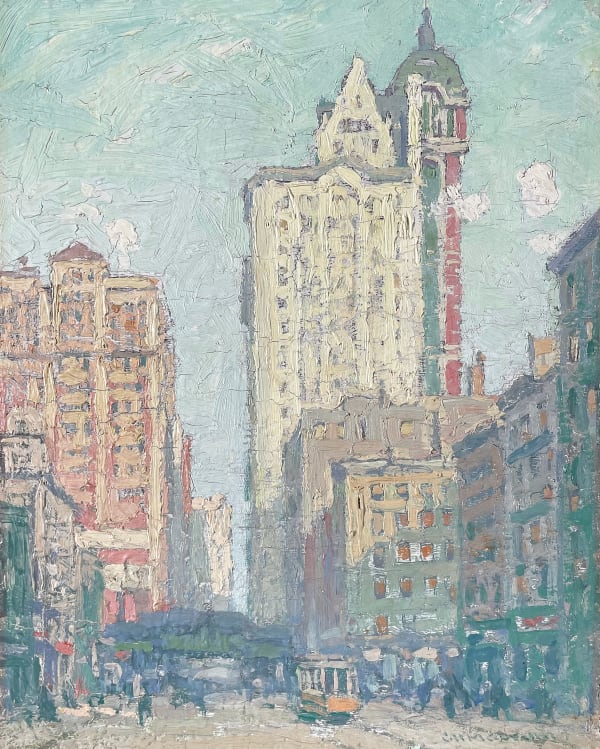 George Herbert Macrum, View of the City Investing Building and Singer Tower from Cortlandt Street, New York