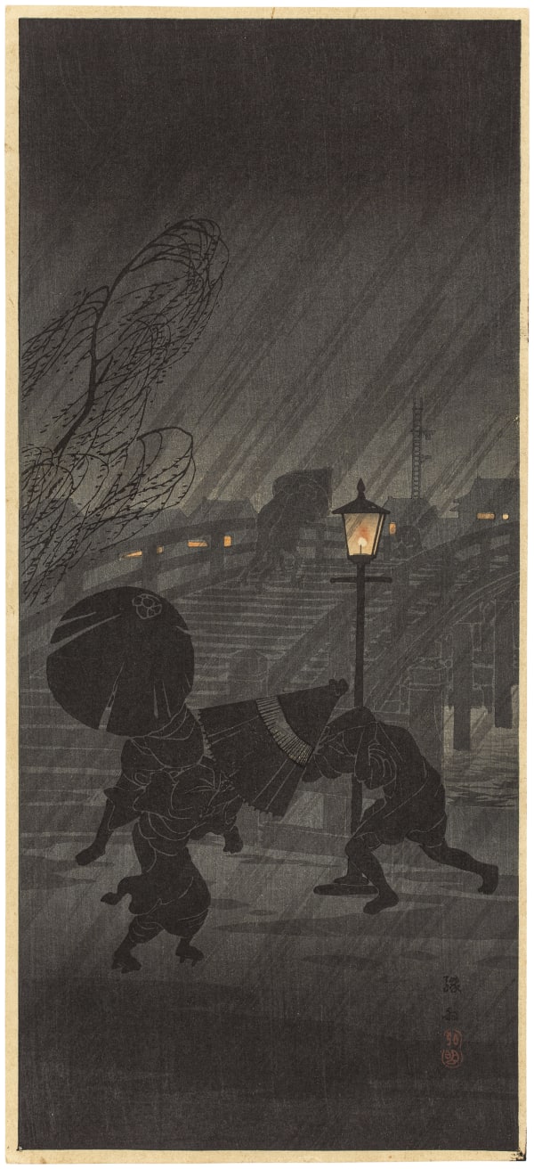 Takahashi Shotei (Hiroaki) (1871-1945), Sudden Rain (Shuu) [Near a Bridge], circa 1936