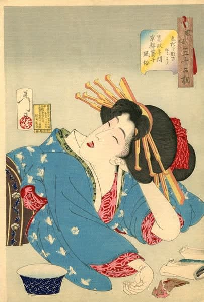 Tsukioka Yoshitoshi (1839-1892), 'The Relaxed Type: The Appearance of a Kyoto Geisha from the Kansei Period', from the series ‘Thirty-two Aspects of Customs and Manners’ (Fuzoku sanjuni so), 1888