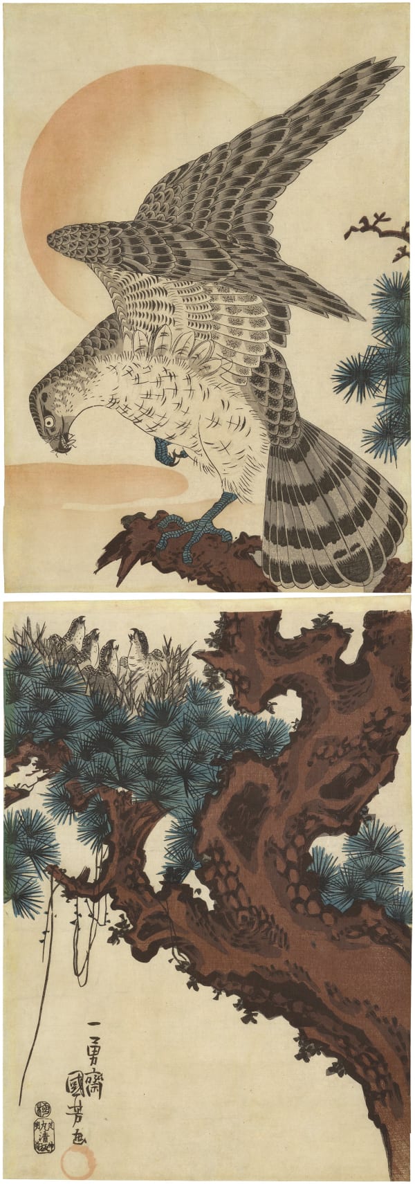 Utagawa Kuniyoshi (1797-1861), A hawk feeding its young, Circa 1830s