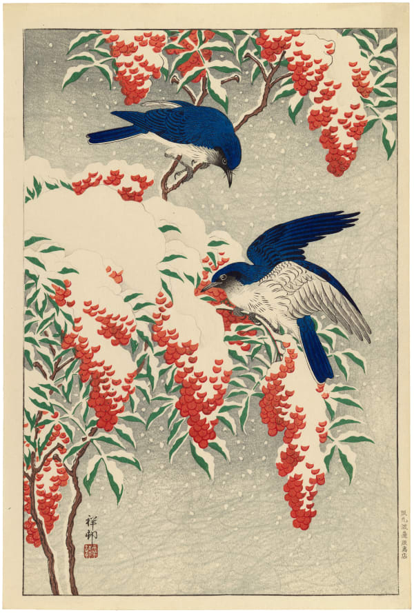 Ohara Koson (1877-1945), Two flycatchers feeding on nandina berries in snow, 1929