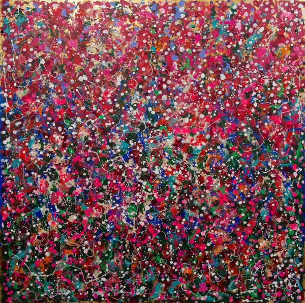 Osama Farid Pink & Blue doted on Gold, 2021 Mixed Media on Canvas 80 x 80 cm 31 1/2 x 31 1/2 in