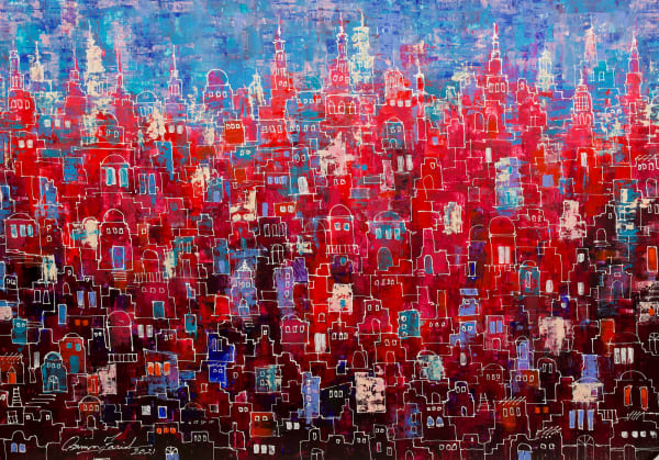 Osama Farid Red Homes & Blue Sky, 2021 Mixed Media on Canvas 80 x 120 cm 31 1/2 x 47 6/25 in