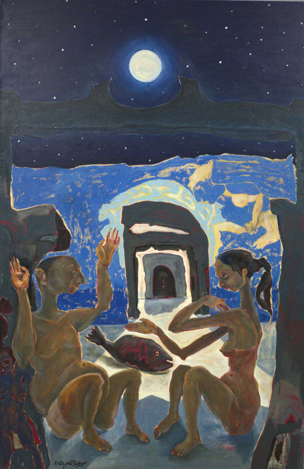 Mohamed Abdel Moneim حديث المساء أمام المنزل, 2020 Oil on Canvas 145 x 95.5 cm 57 9/100 x 37 3/5 in