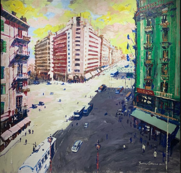 Yasser Geaesa فندق جراند - شارع فؤاد القاهرة - صيف ١٩٤٠ , 2021 Oil on Canvas 150 x 150 cm 59 1/8 x 59 1/8 in