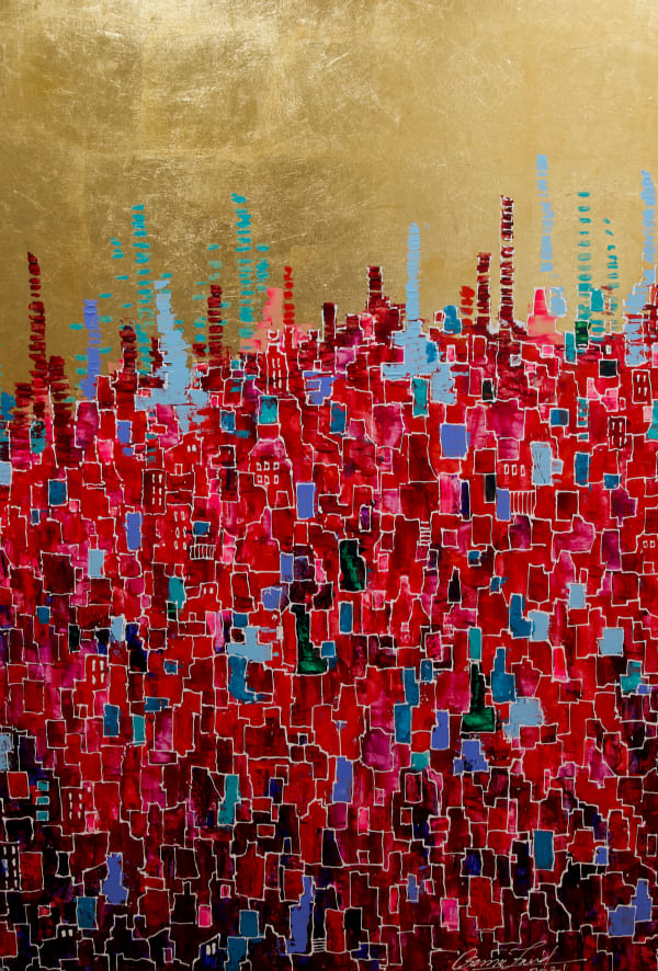 Osama Farid Red Village Golden Sky, 2021 Mixed Media on Canvas 120 x 90 cm 47 6/25 x 35 43/100 in