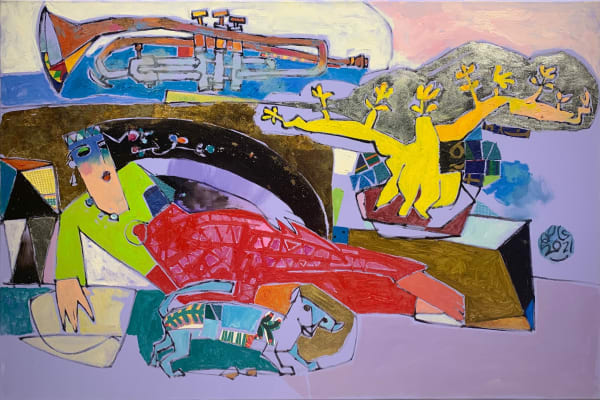 Assem Abdel Fattah امرأة ونبات الادينيوم وترومبيت, 2020 Mixed Media on Canvas 80 x 120 cm 31 1/2 x 47 1/4 in