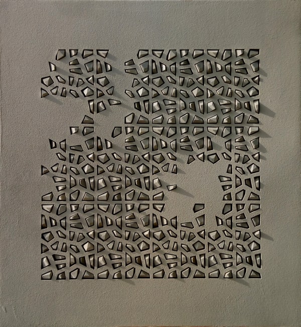 Mohamed Banawy Resurrection, 2020 Wood, Colored Sand, Aluminum and Leather 115 x 110 cm 45 1/4 x 43 1/4 in