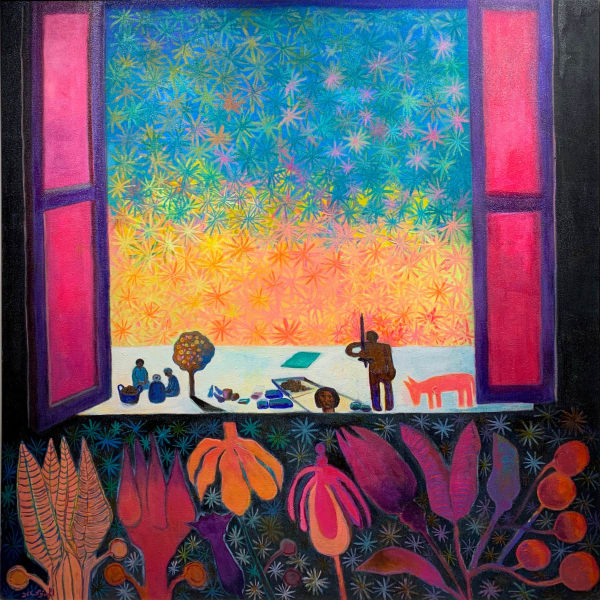 Mohamed Elganoby حكايات الصيف, 2021 Acrylic on Canvas 150 x 150 cm 59 1/8 x 59 1/8 in