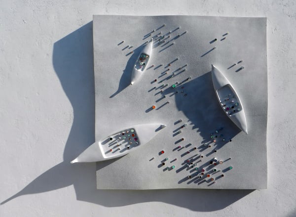 Mohamed Banawy Back to the Sky 3, 2020 Wood, Colored Sand, Aluminum and Leather 166 x 150 cm 65 3/8 x 59 1/8 in