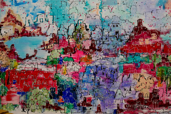 Osama Farid Homes & Ponds, 2021 Mixed Media on Canvas 90 x 120 cm 35 43/100 x 47 6/25 in
