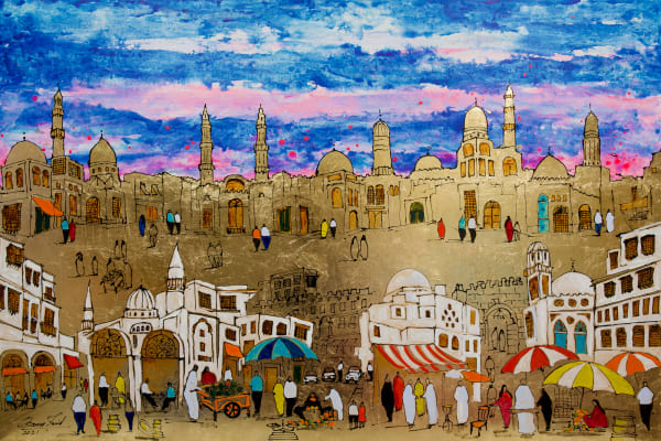 Osama Farid Old Islamic Cairo in Gold, 2021 Mixed Media on Canvas 100 x 150 cm 39 37/100 x 59 3/50 in