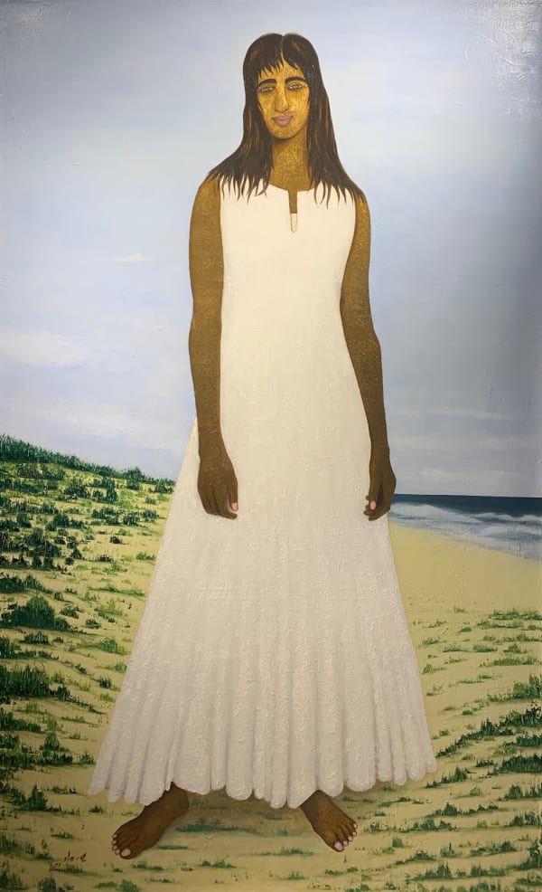 Yasser Gad فتاة على الشاطئ, 2021 Oil & Gold Leaves on Canvas 200 x 120 cm 78 3/4 x 47 1/4 in