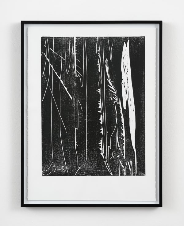 Jordan Rountree Three Figures Follow A Distant Sound in the Woods, 2025 Woodcut on paper