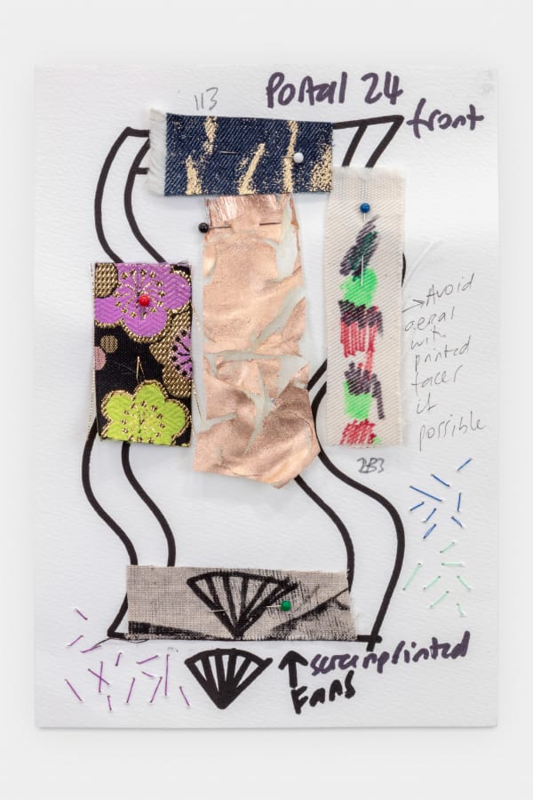 Ludovica Gioscia Portal 24 (front and back sketches), 2020 Marker pen, fabric, thread and sewing pins on paper