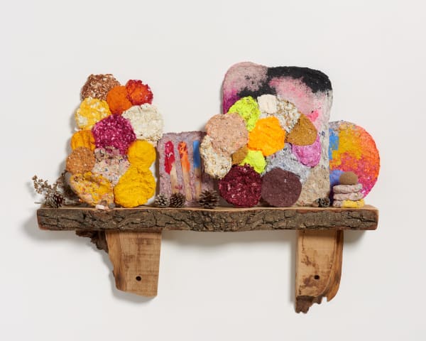 Ludovica Gioscia Autumn Harvest, 2020 Wood shelf made in collaboration with Mark Thurgood. Dried flowers, pine cones, algae, ceramic digits, wood shelf made from English Oak (Quercos robur) from Kew Gardens and papier-mâché made from pulps of: distilled joy, debris from Giant Decollages from the past and from the future, magazines, cosmetic packagings, acrylic paint, natural pigments, distilled affection, cork, commercial and screen printed wallpaper, iridescent and fluorescent paper, Arturo’s hair, wood, screen-printing ink, Fabriano and Canson paper, tissue paper, Indian ink, hessian, Arturo’s purring, mica flakes, surface attractor, GIF paper, studio draw mixed papers, Mary’s handmade paper, wallpaper paste and PVA glue