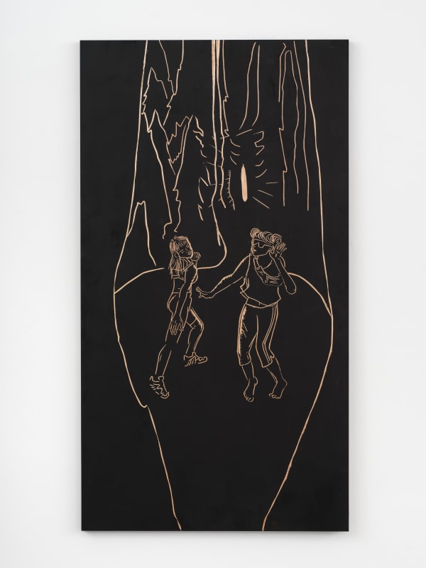Jordan Rountree Two Revelers Dance in the Woods II, 2025 Ink on carved wood