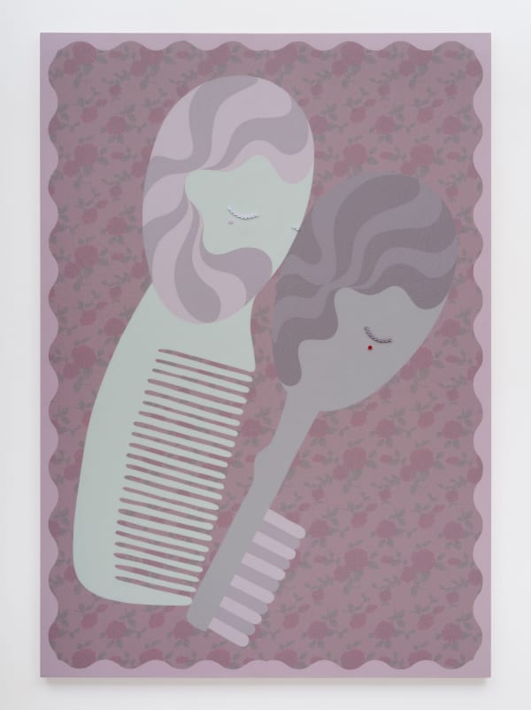 Zhi Wei Big Spoon Small Spoon, 2022 Acrylic on Jacquard fabric ; tulle, buttons and thread / Acrylique sur tissu Jacquard ; tulle, boutons et fil 200 x 140 cm 78 3/4 x 55 1/8 in