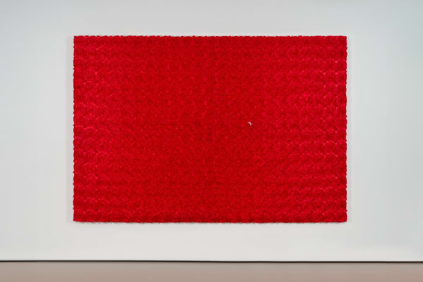 Puppies Puppies (Jade Guanaro Kuriki-Olivo) Roses (1), 2024 Rose ruffle patterned fabric on stretcher, wax Material residue from the Trans/GNC Gala at Performance Space, New York 250 x 170 cm 98 3/8 x 66 7/8 in