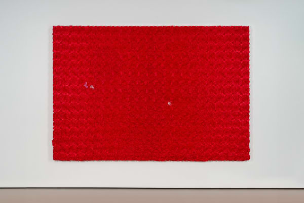 Puppies Puppies (Jade Guanaro Kuriki-Olivo) Roses (2), 2024 Rose ruffle patterned fabric on stretcher, wax Material residue from the Trans/GNC Gala at Performance Space, New York 250 x 170 cm 98 3/8 x 66 7/8 in