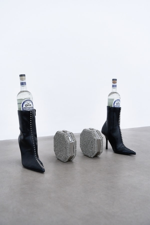 Kayode Ojo Walk Two Moons (Zara Balenciaga), 2025 Zara Silver Rhinestone Box Bag, Zara Studded High Heel Ankle Boots, Jose Cuervo Silver Tradicional Tequila 44 x 63 x 25 cm 17 3/8 x 24 3/4 x 9 7/8 in