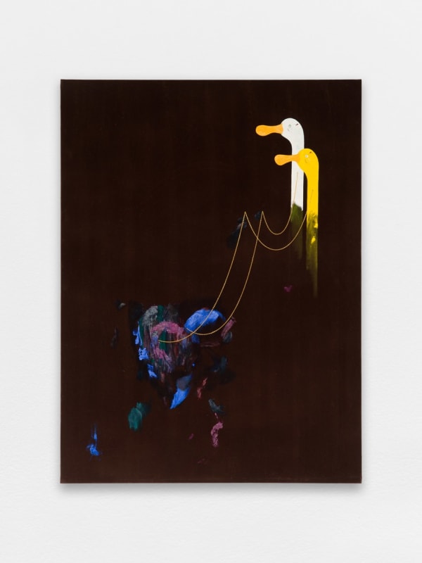 Shabahang Tayyari Heart-pet, 2026 Oil and metal chain on velvet on canvas / Huile et chaîne en métal sur velours sur toile 130 x 97 cm 51 1/8 x 38 1/4 in