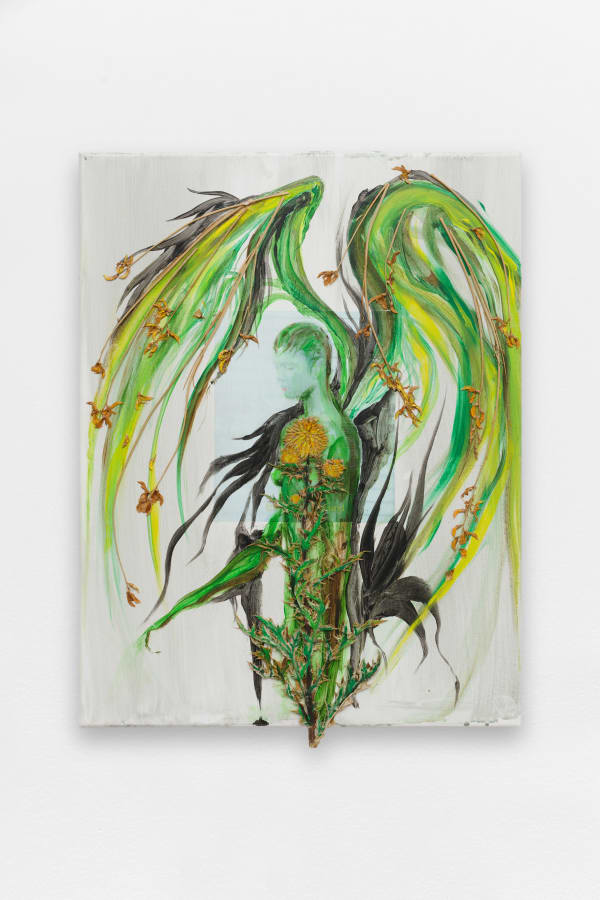 Korakrit Arunanondchai in this room. I hear music. From a place not so familiar. But relatable. Through the sound. of its breath., 2019 Acrylic and inkjet transfer on canvas, plants 26 5/8 x 19 3/4 inches 67,5 x 50 cm