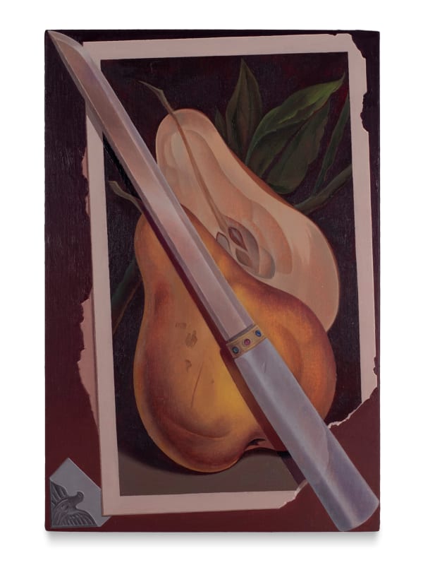 Olivia Jia 奥利维亚·贾, Ephemera (pear halved, knife with three inlaid stones, photo corner) 转瞬即逝/印刷小物(切成两半的梨子、镶嵌三颗宝石的刀具、照片夹), 2025
