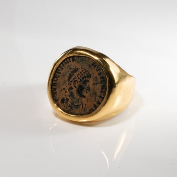 Roman Bronze Coin of Emperor Constantine I Mounted in Gold Ring