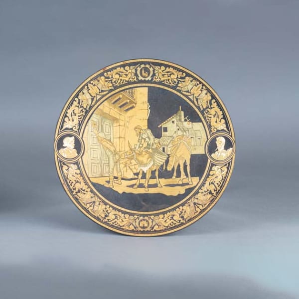 Toledo workshop damascened plate with Don Quixote and Sancho Panza