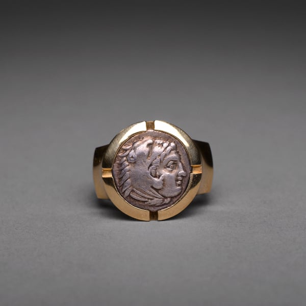 18 Karat Gold Ring Featuring a Silver Drachm of Alexander the Great