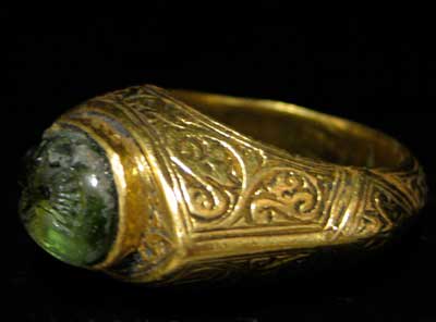 Ottoman Gold Ring Featuring a Tourmaline or Peridot Seal Depicting an Eagle