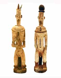 African Art / Pair of Urhobo Painted Wooden Shrine Figures (Edjo)