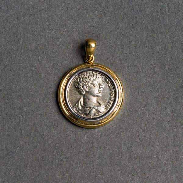 Silver Denarius of Emperor Geta this Coin is Mounted in an 18 Karat Gold Pendant