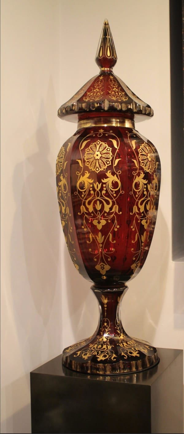 Bohemian Cranberry Glass Lidded Vase