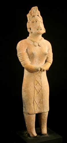 Olmecoid Terracotta Sculpture of a Standing Woman Wearing a Skirt