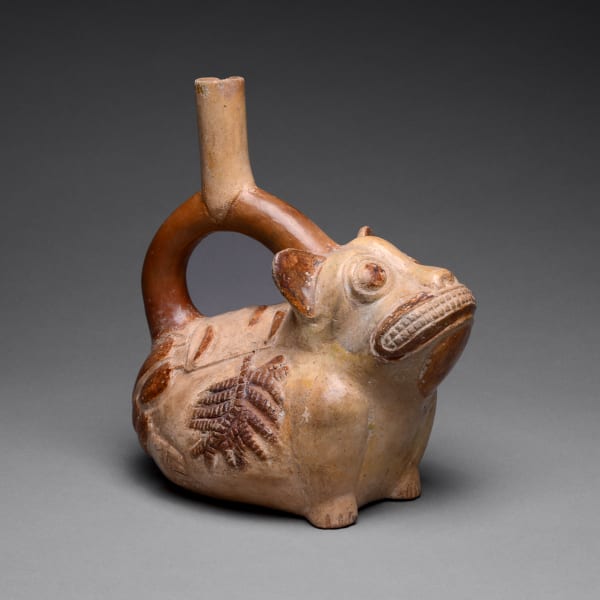 Moche Feline Effigy Vessel with Vegetable Motifs