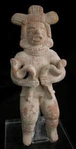 Xochipala Sculpture of a Man Holding Two Serpents