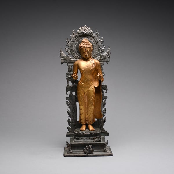Indonesian Gold Sculpture of Buddha with a Bronze Base
