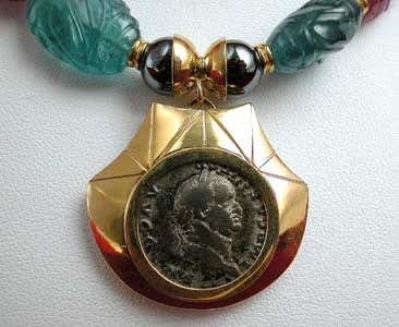 Tourmaline and Hematita Bead Necklace Featuring a Roman Silver Denarius of Emperor Vespasian