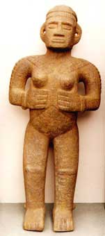 Basalt Sculpture of a Standing Woman Holding Her Breasts