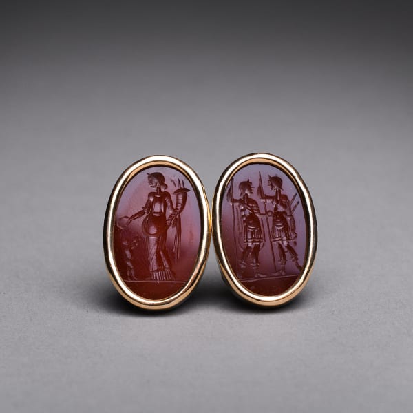 Gold Earrings Featuring Two Classical Revival Intaglios of Roman Soldiers