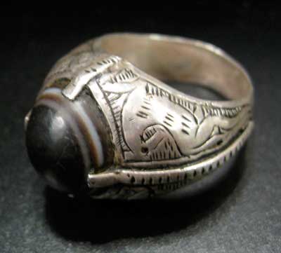 Eye-Agate Set in Incised Silver Ring