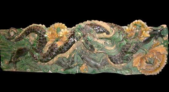Pair of Ming Glazed Terracotta Temple Wall Tiles Depicting a Dragon